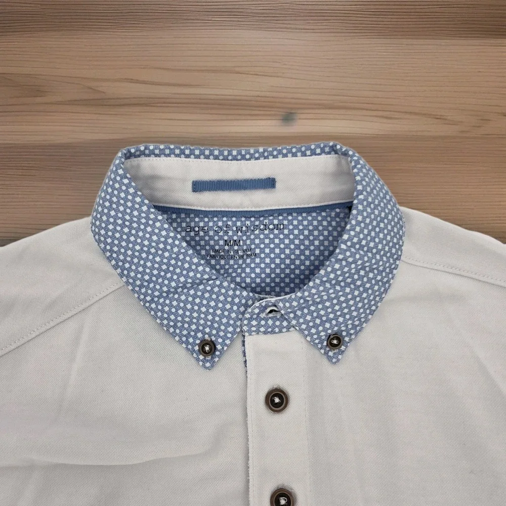 Age Of‎ Wisdom Shirt Mens Medium Polo White Short Sleeve Preppy Pocket Casual